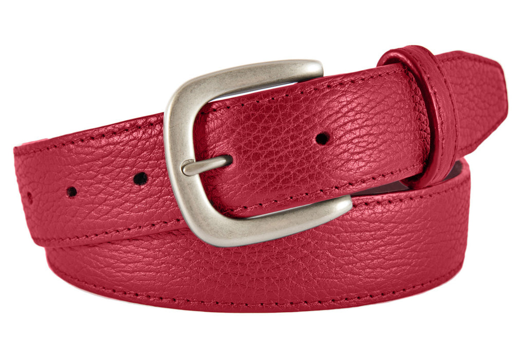 Hudson Belt, Red Pebbled Leather (Brushed Silver Buckle)