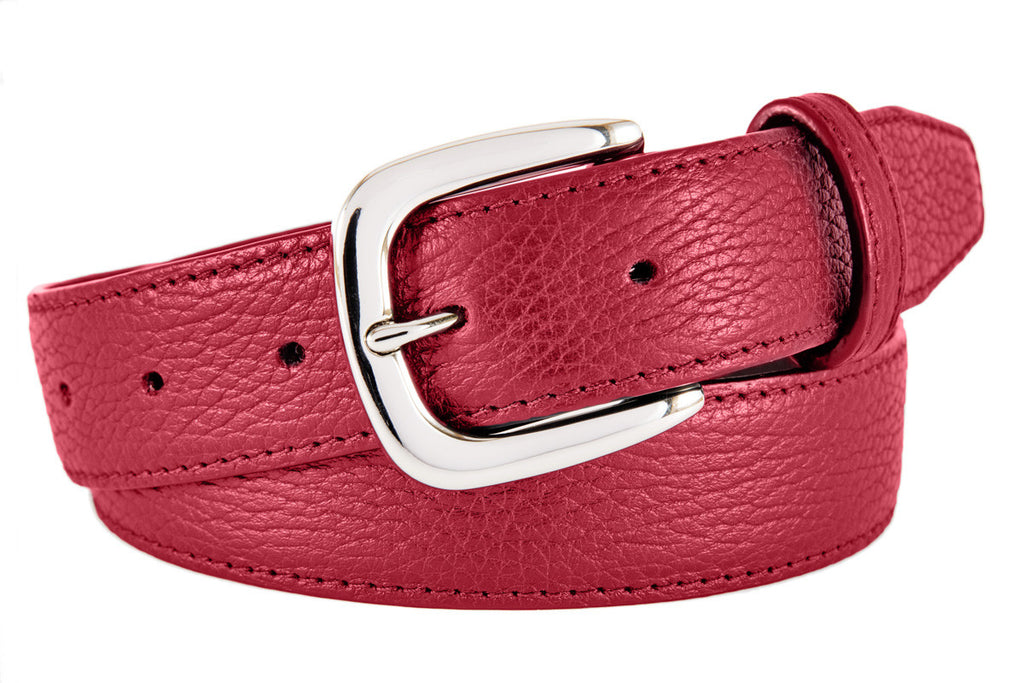 Hudson Belt, Red Pebbled Leather (Shiny Silver Buckle)