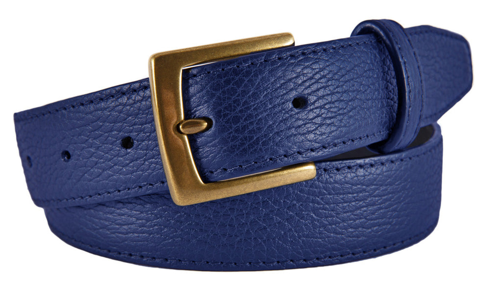 Signature Belt, Cobalt Pebbled Leather (Antique Brass Buckle)
