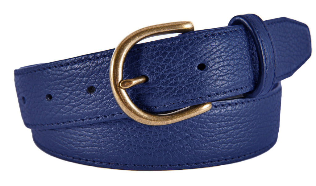 Soho Belt, Cobalt Pebbled Leather (Antique Brass Buckle)