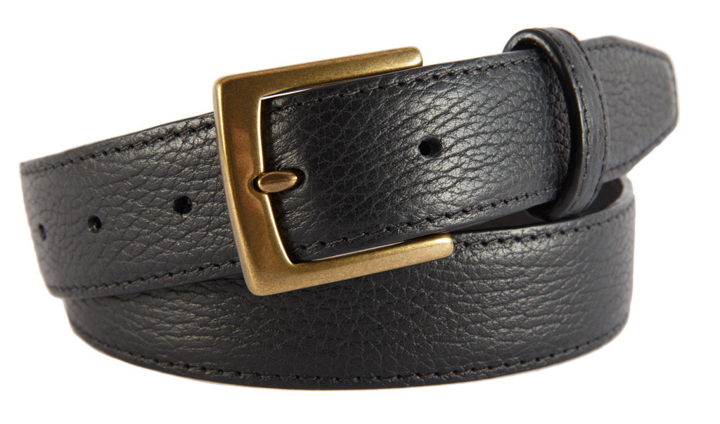 Black Pebbled Leather Belt, Signature Buckle (Antique Brass)