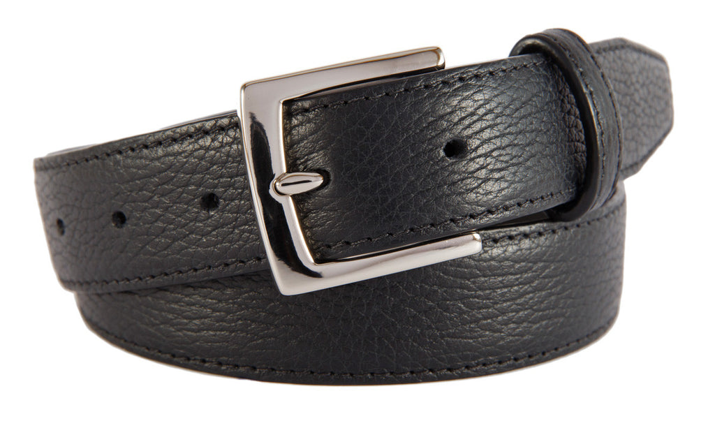 Black Pebbled Leather Belt, Signature Buckle (Shiny Silver)