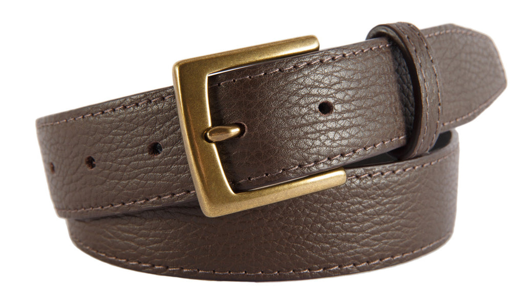 Brown Pebbled Leather Belt, Signature Buckle (Antique Brass)