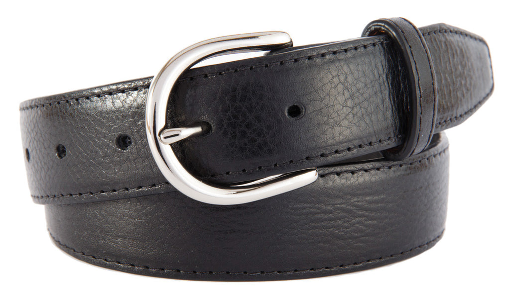 Black Glossy Leather Belt, Soho Buckle (Shiny Silver)